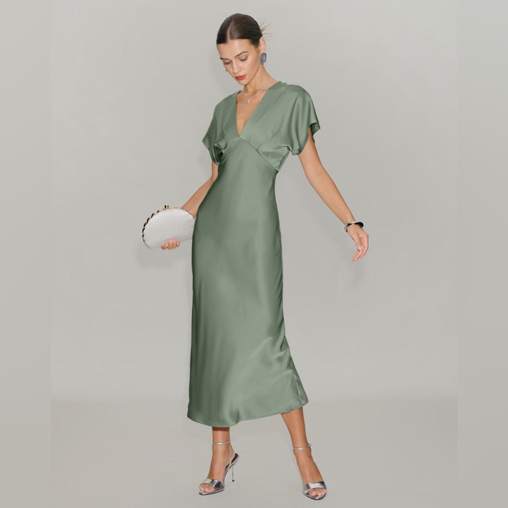 Green Satin V Neck A-Line Midi Dress
